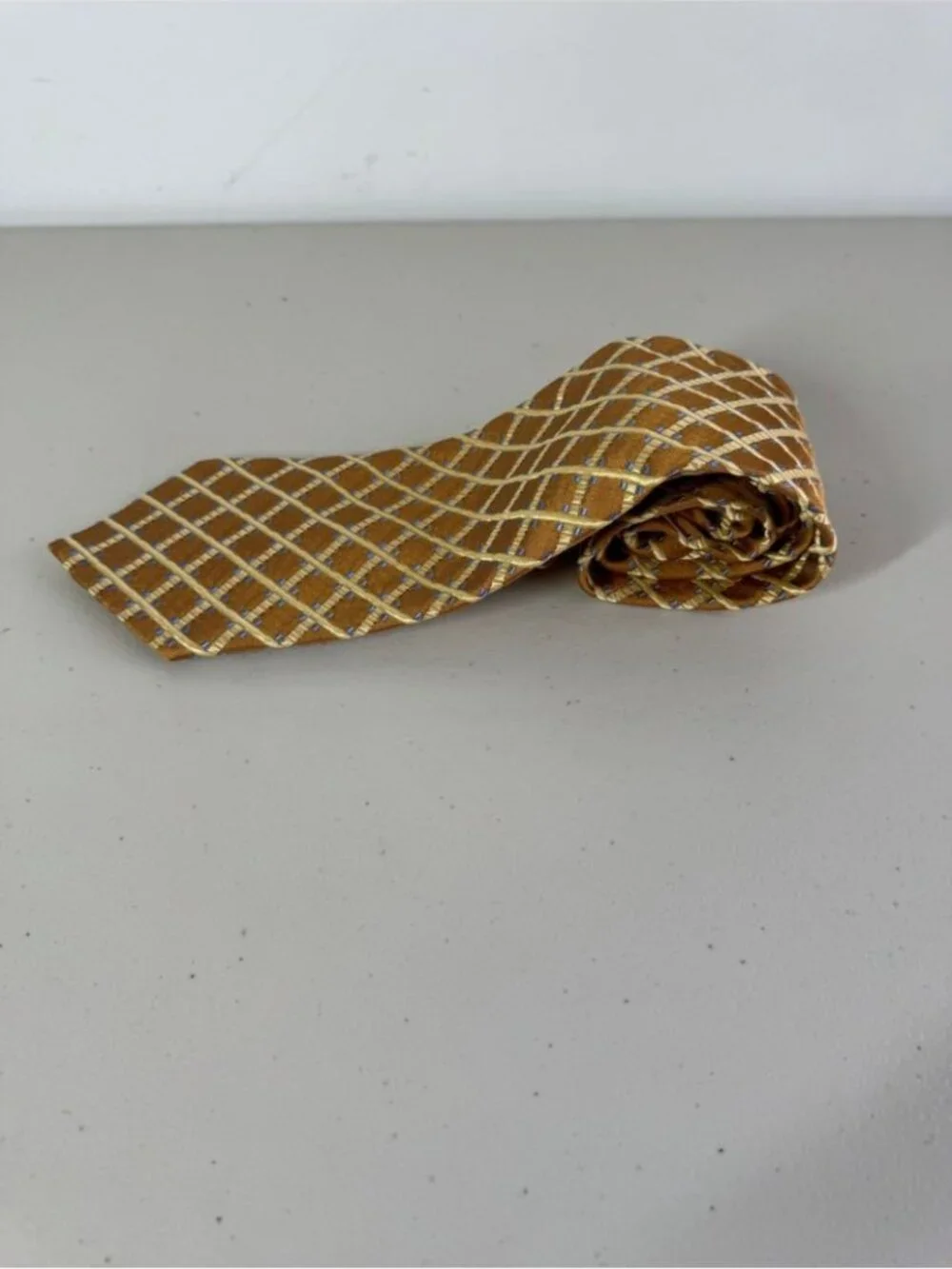 Ermenegildo Zegna Silk Necktie Gold Geometric Grid Luxury Designer Tie Classic